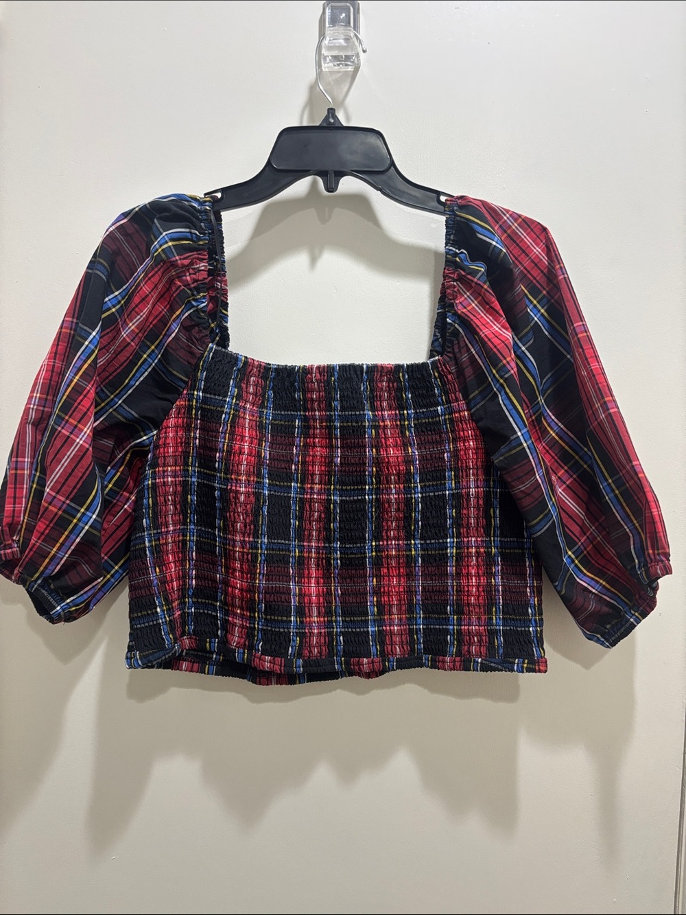 Draper James Red Plaid Smocked Crop Top with Puff Sleeves